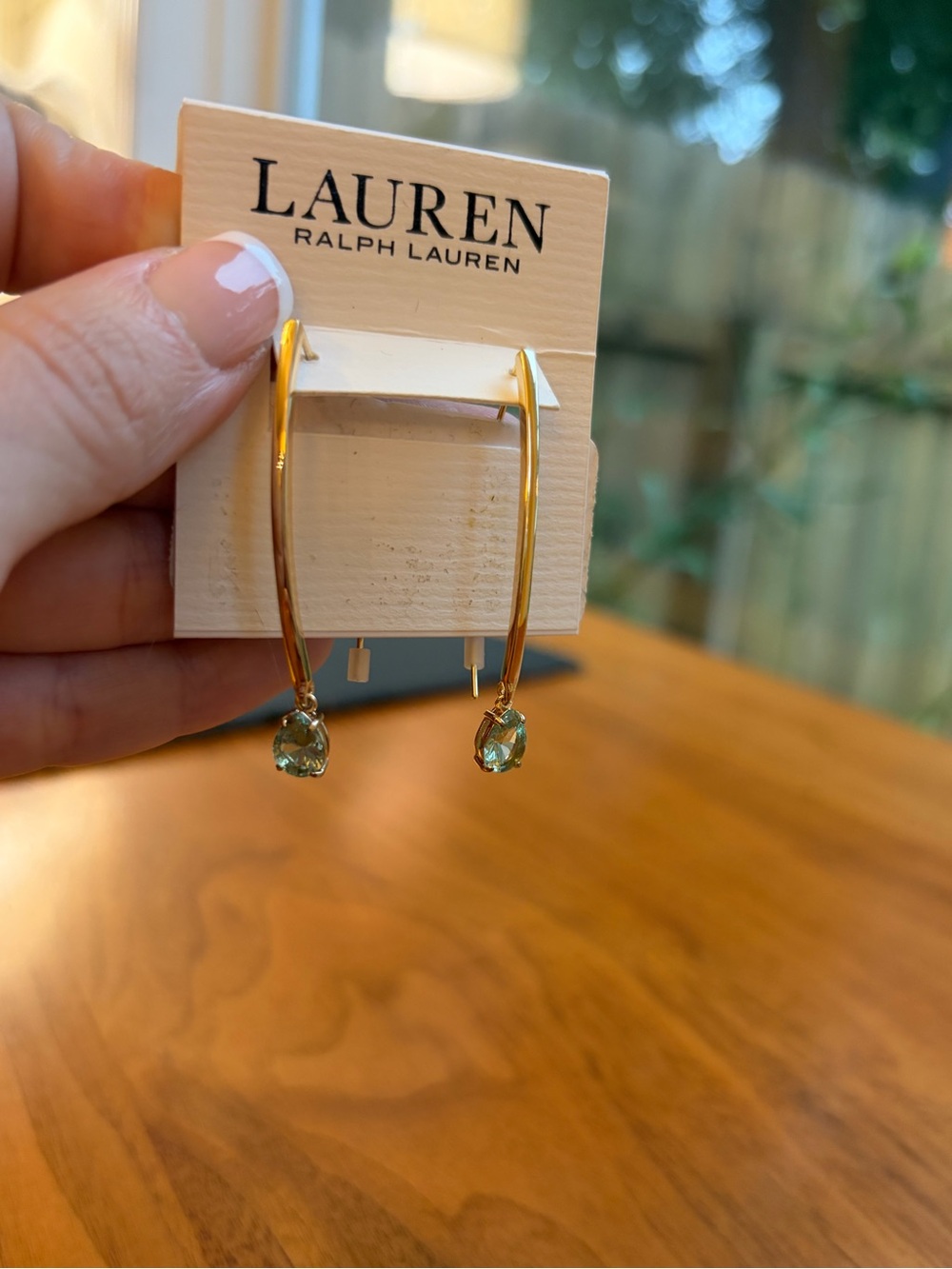 Lauren Ralph Lauren Gold Tone Threader Drop Earrings Green Pear Stone NWT